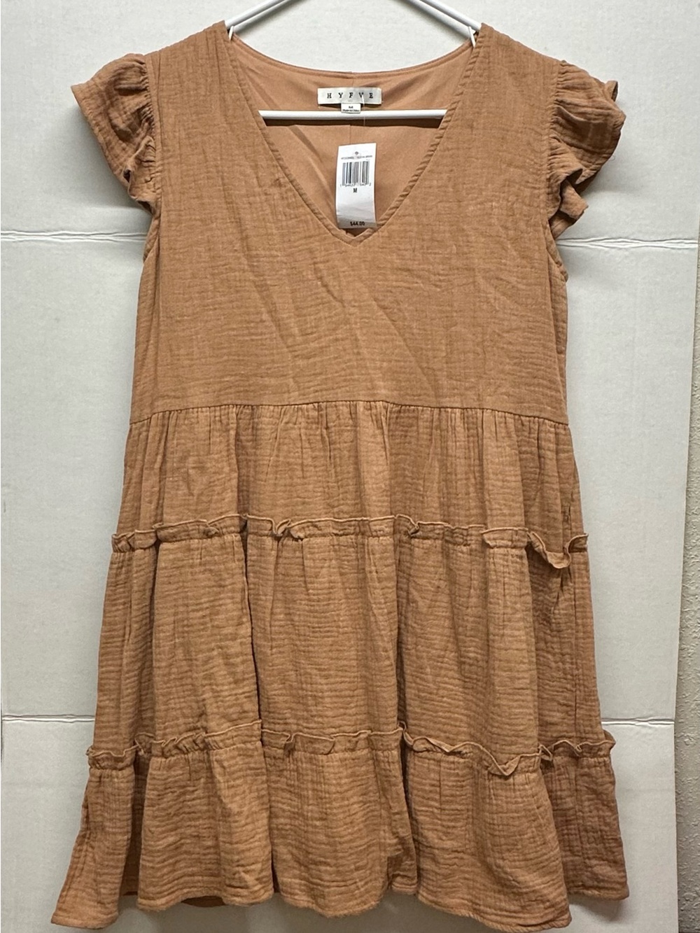 HYFVE Tan Ruffle Tiered V‑Neck Mini Dress